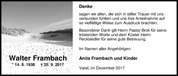Traueranzeige von Walter Frambach von Nordwest-Zeitung