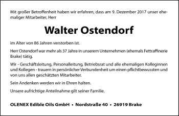 Traueranzeige von Walter Ostendorf von Nordwest-Zeitung