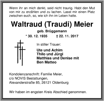 Traueranzeige von Waltraud (Traudi) Meier von Nordwest-Zeitung