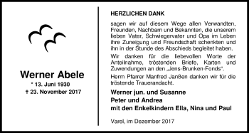 Traueranzeige von Werner Abele von Nordwest-Zeitung