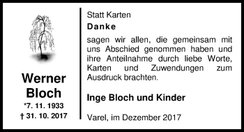 Traueranzeige von Werner Bloch von Nordwest-Zeitung