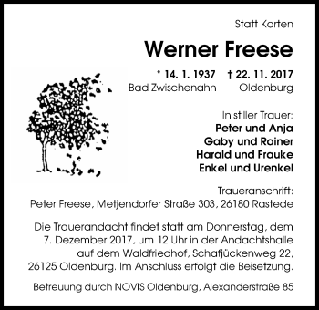 Traueranzeige von Werner Freese von Nordwest-Zeitung