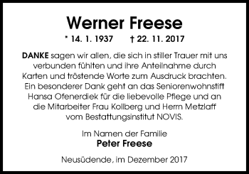 Traueranzeige von Werner Freese von Nordwest-Zeitung