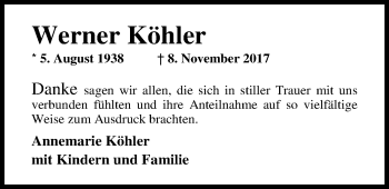 Traueranzeige von Werner Köhler von Nordwest-Zeitung