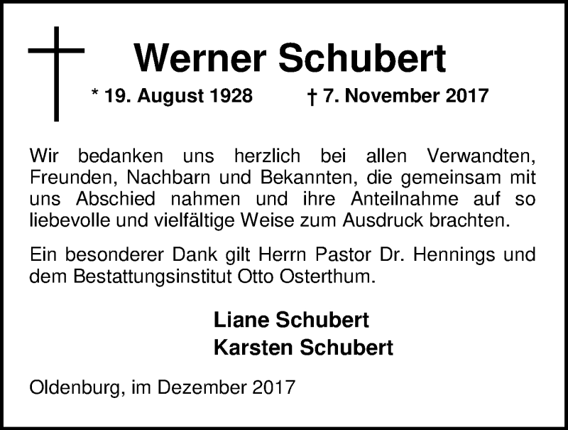  Traueranzeige für Werner Schubert vom 09.12.2017 aus Nordwest-Zeitung