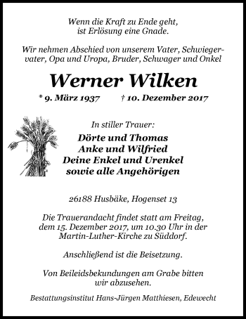 Traueranzeige von Werner Wilken von Nordwest-Zeitung