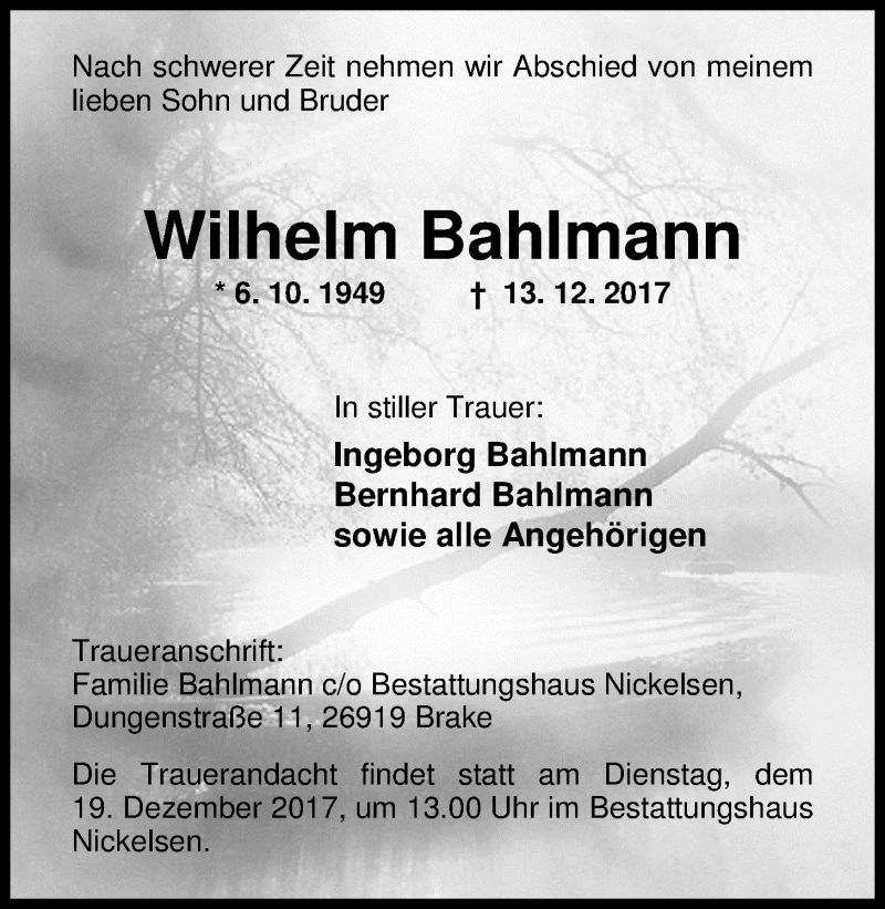  Traueranzeige für Wilhelm Bahlmann vom 15.12.2017 aus Nordwest-Zeitung