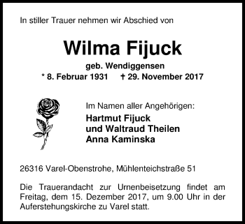 Traueranzeige von Wilma Fijuck von Nordwest-Zeitung