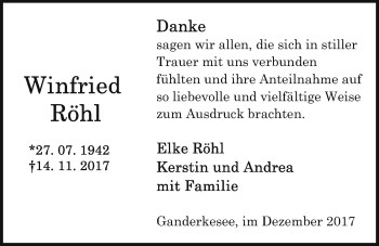 Traueranzeige von Winfried Röhl von Nordwest-Zeitung