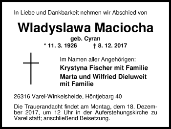 Traueranzeige von Wladyslawa Maciocha von Nordwest-Zeitung