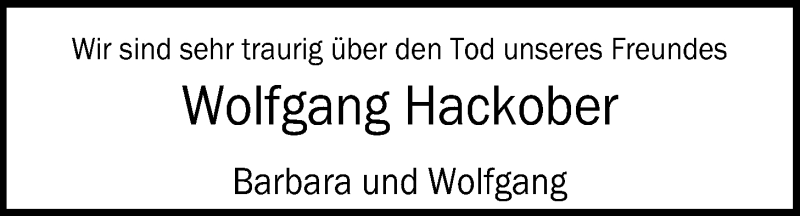  Traueranzeige für Wolfgang Hackober vom 02.12.2017 aus Nordwest-Zeitung