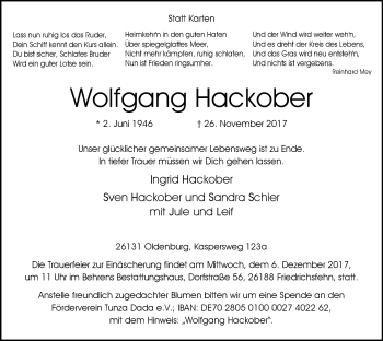 Traueranzeige von Wolfgang Hackober von Nordwest-Zeitung