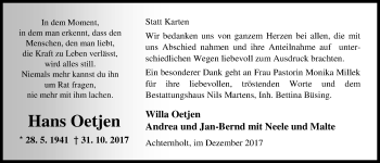 Traueranzeige von Hans Oetjen von Nordwest-Zeitung