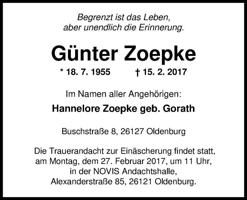  Traueranzeige für Günter Zoepke vom 18.02.2017 aus Nordwest-Zeitung