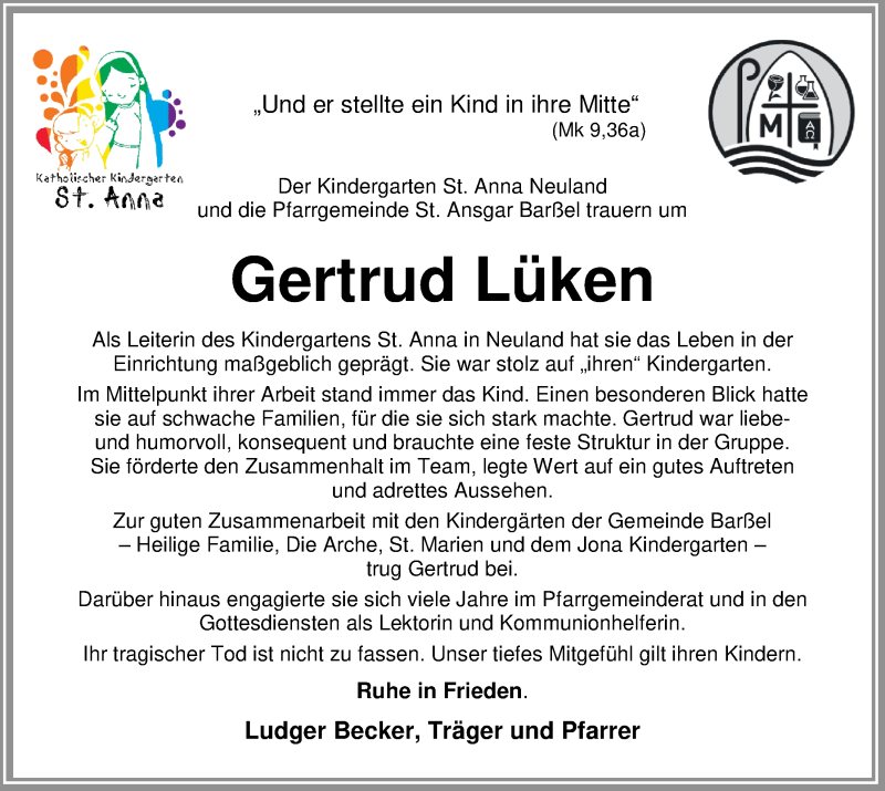  Traueranzeige für Gertrud Lüken vom 24.02.2017 aus Nordwest-Zeitung