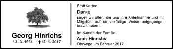 Traueranzeige von Georg Friedrich Hinrichs von Nordwest-Zeitung