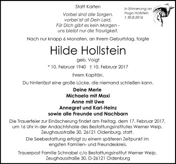Traueranzeige von Hilde Hollstein von Nordwest-Zeitung