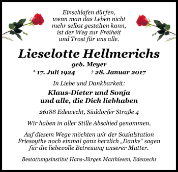 Traueranzeige von Lieselotte Hellmerichs von Nordwest-Zeitung