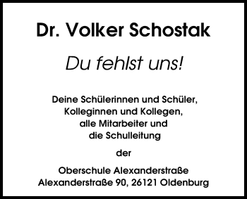 Traueranzeige von Volker  Schostak von Nordwest-Zeitung
