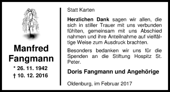 Traueranzeige von Manfred Fangmann von Nordwest-Zeitung
