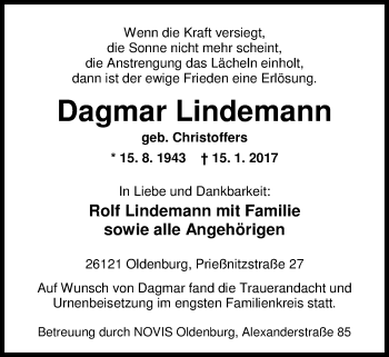 Traueranzeige von Dagmar Lindemann von Nordwest-Zeitung
