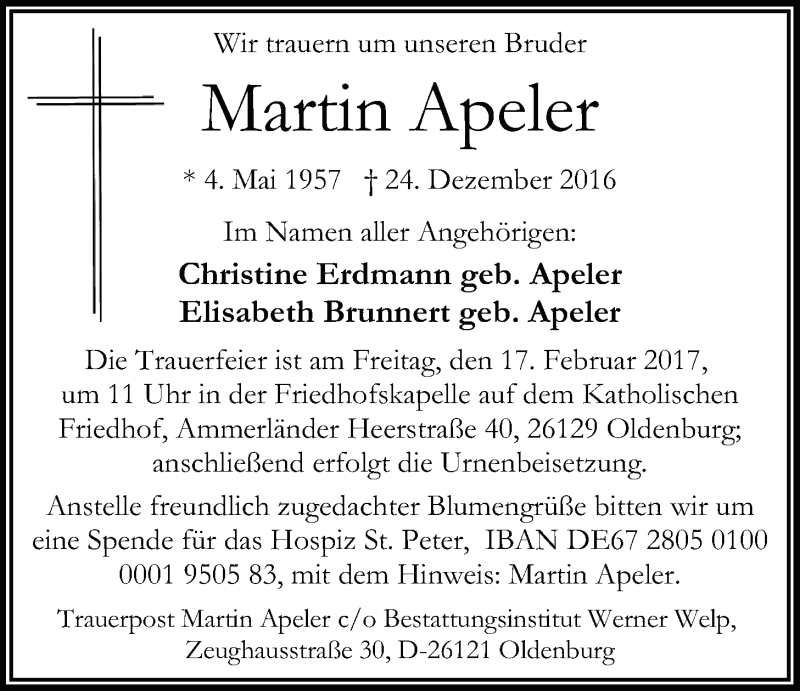  Traueranzeige für Martin Apeler vom 11.02.2017 aus Nordwest-Zeitung