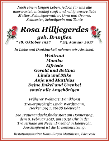 Traueranzeige von Rosa Hilljegerdes von Nordwest-Zeitung