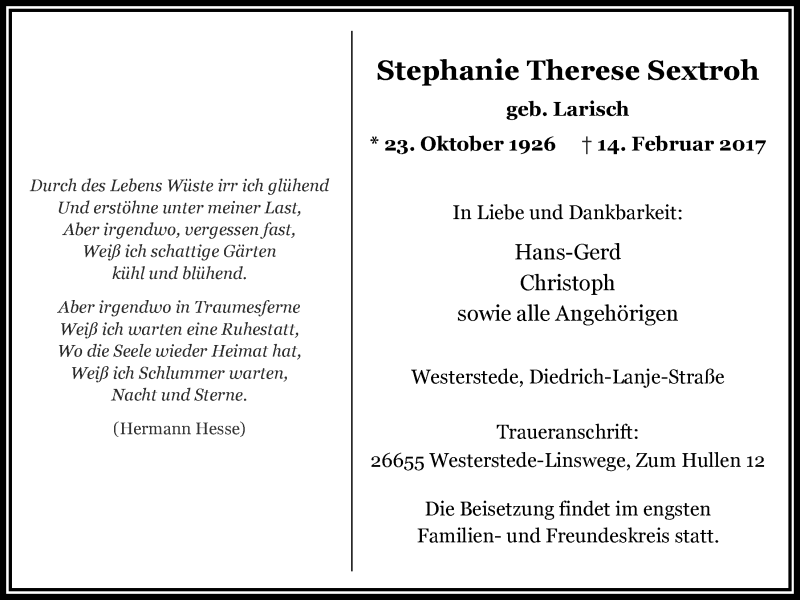  Traueranzeige für Stephanie Therese Sextroh vom 17.02.2017 aus Nordwest-Zeitung