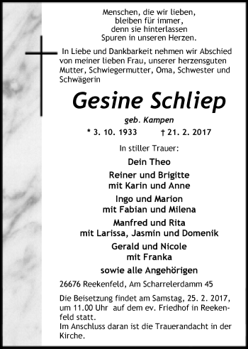 Traueranzeige von Gesine Schliep von Nordwest-Zeitung