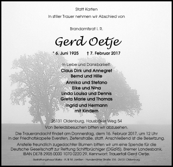 Traueranzeige von Gerd Oetje von Nordwest-Zeitung