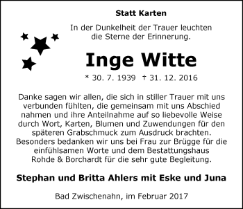 Traueranzeige von Inge Witte von Nordwest-Zeitung
