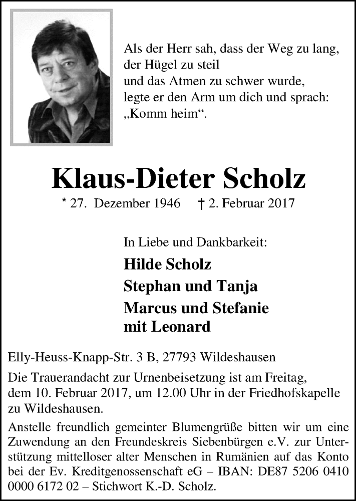  Traueranzeige für Klaus-Dieter Scholz vom 04.02.2017 aus Nordwest-Zeitung