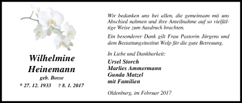 Traueranzeige von Wilhelmine Heinemann von Nordwest-Zeitung