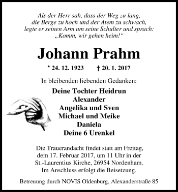 Traueranzeige von Johann Prahm von Nordwest-Zeitung