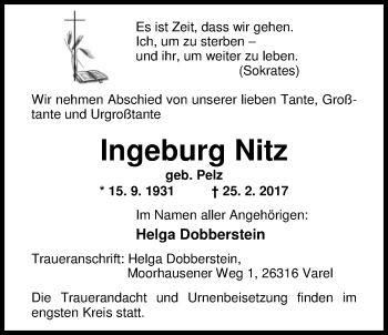 Traueranzeige von Ingeburg Nitz von Nordwest-Zeitung