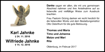 Traueranzeige von Wilfriede Jahnke von Nordwest-Zeitung