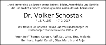 Traueranzeige von Volker  Schostak von Nordwest-Zeitung