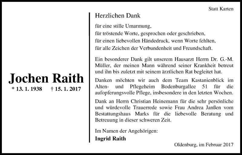  Traueranzeige für Jochen Raith vom 10.02.2017 aus Nordwest-Zeitung