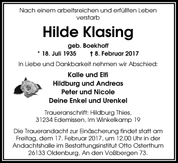Traueranzeige von Hilde Klasing von Nordwest-Zeitung
