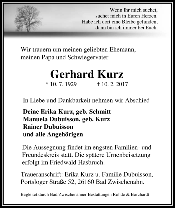Traueranzeige von Gerhard Kurz von Nordwest-Zeitung
