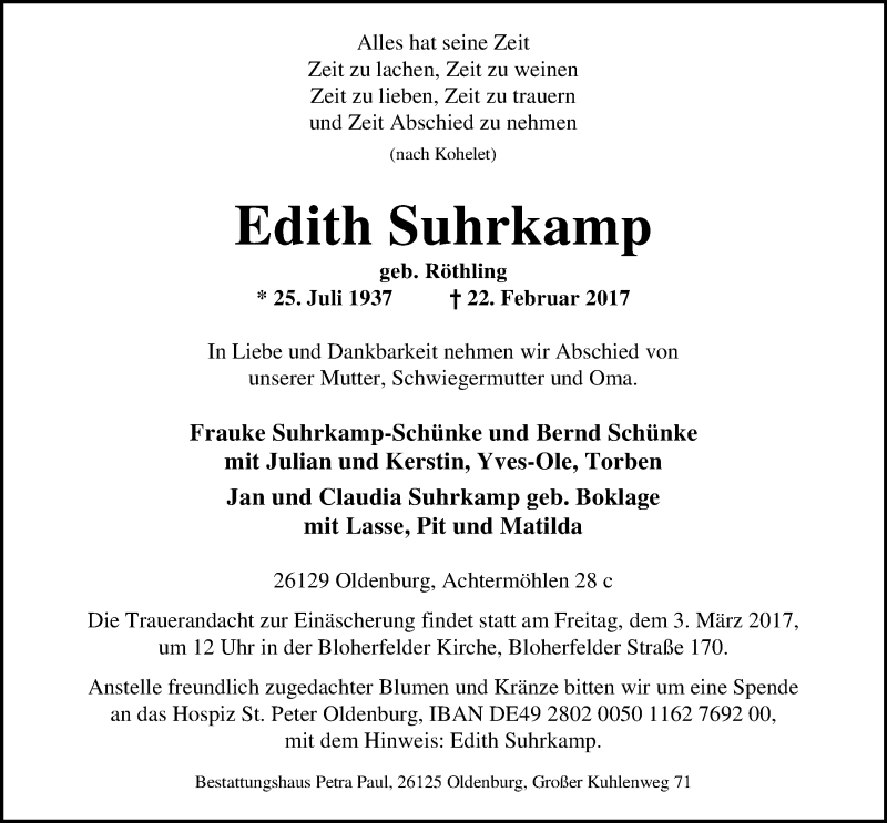  Traueranzeige für Edith Suhrkamp vom 25.02.2017 aus Nordwest-Zeitung