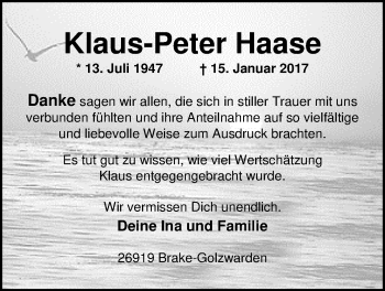Traueranzeige von Klaus-Peter Haase von Nordwest-Zeitung