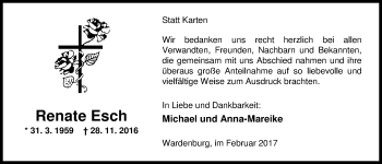 Traueranzeige von Renate Esch von Nordwest-Zeitung