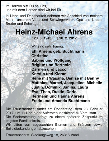Traueranzeige von Heinz-Michael Ahrens von Nordwest-Zeitung