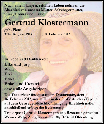 Traueranzeige von Gertrud Klostermann von Nordwest-Zeitung