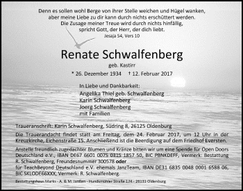 Traueranzeige von Renate Schwalfenberg von Nordwest-Zeitung