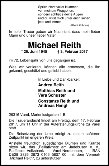 Traueranzeige von Michael Reith von Nordwest-Zeitung