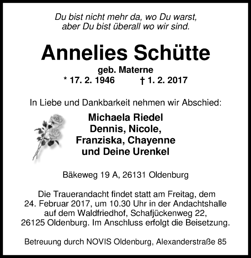  Traueranzeige für Annelies Schütte vom 18.02.2017 aus Nordwest-Zeitung