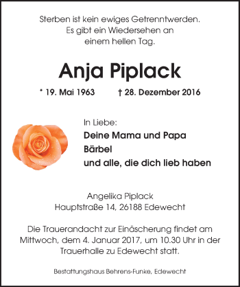 Traueranzeige von Anja Piplack von Nordwest-Zeitung