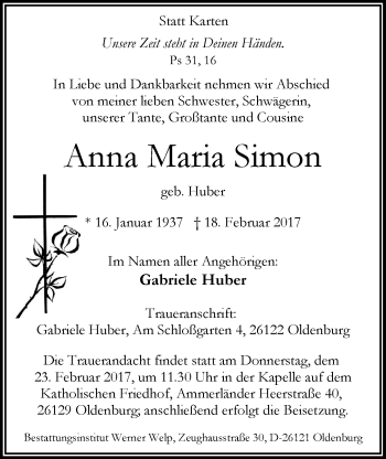 Traueranzeige von Anna Maria Simon von Nordwest-Zeitung